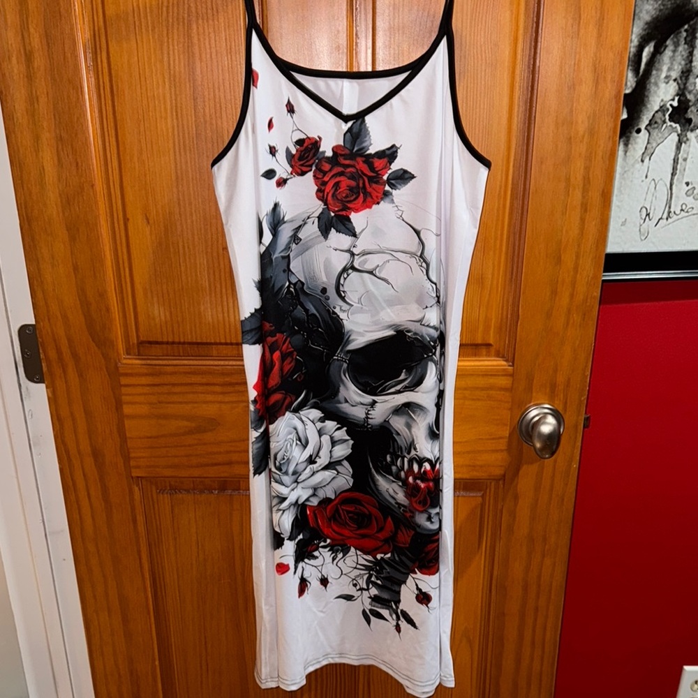 Women's White Dress with Skull and Rose Design
